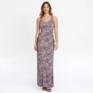 GUESS Leopard Print Lace Up Side Ribbed Knit Maxi Dress Pink Grey Boho Grunge M